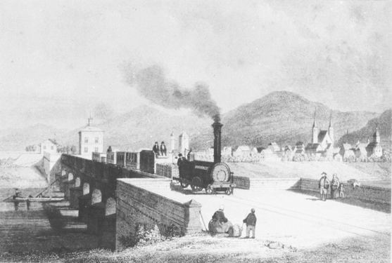 Bridge and train in 1850ca