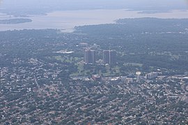 Aerial view of North Shore Towers in 2021