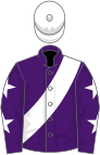 Purple, white sash, stars on sleeves, white cap