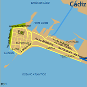 Plano de Cádiz. Aparece, en celeste, el nuevo acceso a la ciudad, el Puente de la Constitución de 1812