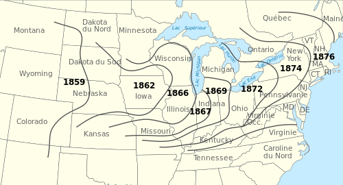 Expansión do escaravello da pataca en América do Norte, 1859–1876