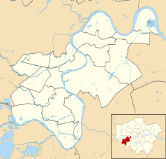 Mapa konturowa gminy Richmond upon Thames, po prawej znajduje się punkt z opisem „White Lodge”