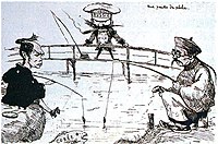 청일전쟁에서 청나라와 일본이 낚시를 하고 있고, 일본이 '한국'이라는 물고기를 낚아올렸다. 건너편 다리 위에서는 러시아가 이 둘이 싸우는 것을 지켜보고 있다. (1887년 2월 15일)