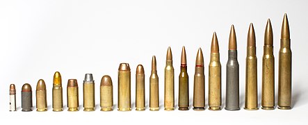Big caliber cartridge comparison - .22lr, 9x18mm, 9x19mm, 7.62x25mm, .40 S&W, 10mm Auto, .45 ACP, .454 Casull, .30 Carbine, 4.6mm HK, 5.56x45mm NATO, 5.45x39mm, 7.62x39mm, 7.62x51mm, 7.62x45mmR, .303, 7.92x57mm, .30-06.jpg
