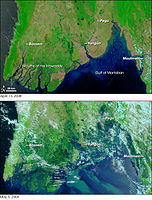 Irrawaddy delta antes y después de un ciclón que erosionó parte de la llanura del delta.