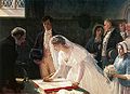 כלה חותמת על הרישיון בחתונה נוצרית. ציור של אדמונד בלייר לייטון