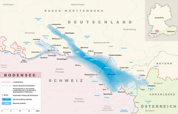 Karta. Bodensjön ligger huvudsakligen på gränsen mellan Tyskland och Schweiz. Sjöns allra östligaste stränder tillhör Österrike.