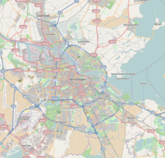 Mapa konturowa Amsterdamu, na dole po lewej znajduje się punkt z opisem „AMS”