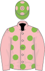 Pink, light green spots, pink sleeves, light green cap, pink spots