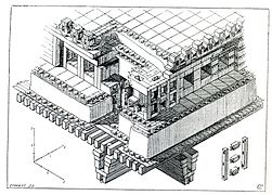 Estudiu del teyáu del palaciu de les 100 columnes, por Charles Chipiez (1884).