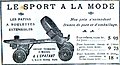 Rollschuhe mit Eisenrollen, Spannbacken am Vorderfuß zum Anschnallen. Werbeanzeige eines französischen Herstellers, 1908