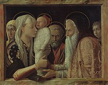 安德烈亚·曼特尼亚的《奉献基督于圣殿（英语：Presentation at the Temple (Mantegna)）》，69 × 86.3cm，约作于1465-1466年，1821年购入，来自爱德华·索利的收藏[22]