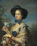 Tableau d'une femme en robe printanière, avec chapeau et bouquet à la main.