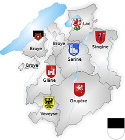 Carte représentant les sept districts du canton de Fribourg