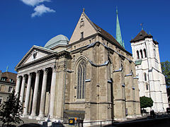 Capilla Macabea, torre románica, fachada neoclásica de la catedral de Ginebra