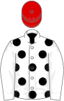 White, black spots on body, red cap