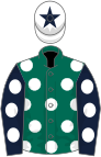 Dark green, white spots, royal blue sleeves, white spots, white cap, royal blue star