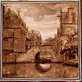 Rembrandt van Rijn. Gezicht op de Grimnessesluis te Amsterdam. 1621-1669. Pen en bruin inkt, bruin gewassen.