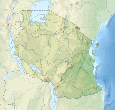Mapa konturowa Tanzanii, blisko centrum po lewej na dole znajduje się owalna plamka nieco zaostrzona i wystająca na lewo w swoim dolnym rogu z opisem „Rukwa”