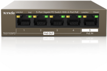 Tenda TEG1105PD este un swici PoE PD-PSE. Este alimentat exclusiv prin portul 5 PoE+ și alimentează la rândul lui alte dispozitive PD prin porturile 1-4 PoE. Nu are mufă de alimentare CC. Uneori aceste tipuri de swiciuri sunt denumite "spiltter PoE" sau "switch PoE passthrough".