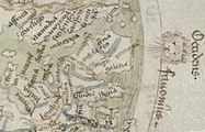 Detalle do occidente europeo no mapa do Salustio de Xenebra. Apreciase o nome de Galacia ocupando todo o noroeste ibérico. Ano 1420.