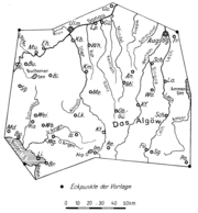 Das Algöw nach Sebastian Münster (1541): Seine Beschrei­bung des Allgäus ist in vielen Teilen unverständlich und orts­fremd. Sebastian Münster war auf Informationen von fremder Hand angewiesen und kannte die Landschaft nicht