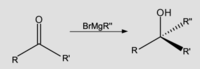 Reaksie van ketoon met Grignard se reagens om tersiêre alkohol te vorm.