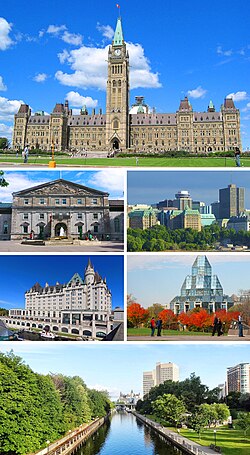 渥太華景象（從上方順時針方向）：加拿大國會大廈，渥太華下城，加拿大國立美術館，麗都運河，劳里埃城堡费尔蒙酒店, 麗都廳