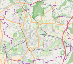 Mapa konturowa Łodzi, na dole nieco na lewo znajduje się punkt z opisem „Ruda Pabianicka”