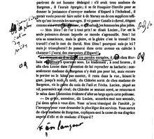 Photographie d'une page imprimée portant des corrections manuelles sur le texte et annoté à la main dans les marges.