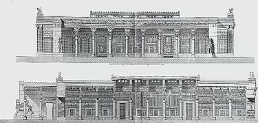 El palaciu de les 100 columnes reconstruyíu por Charles Chipiez (1884).