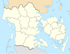 Mapa konturowa Danii Południowej, po prawej znajduje się punkt z opisem „Odense”