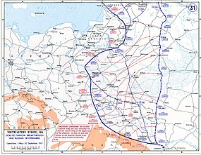 Mapa zachycující průlom u Gorlice a následný ruský ústup