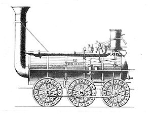 An 1829 engraving of Royal George. The blastpipe runs from the cylinders along the top of the boiler into the smokestack.