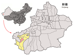 Yarkent İlçesi'nin Sincan Uygur Özerk Bölgesindeki konumu (pembe)