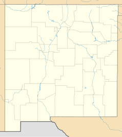 Mapa konturowa Nowego Meksyku, blisko centrum na dole znajduje się punkt z opisem „Ruidoso Downs”