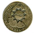 Anverso de moneda de 8 reales (plata) de Carlos III de 1781 resellada en Cheick Said.
