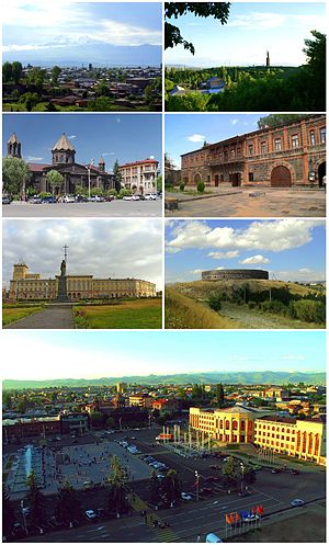 Từ ảnh trên, bên trái: Gyumri với núi Aragats • Mayr Hayastan Nhà thờ Chính tòa Gyumri • Bảo tàng Dzitoghtsyan Quảng trường độc lập • Pháo đài Sev Berd Quảng trường Vartanants