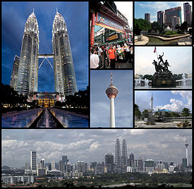 Saarah jarum jam ti luhur kénca: Munara Kembar Pétronas, Jalan Petaling, Masjid Jami' jeung tepungna walungan Gombak/Klang, Monumén Nasional, Masjid Nasional, skyline KL. Tengah: Munara KL