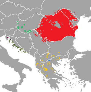 Mapa con los territorios de uso de las lenguas balcorromances