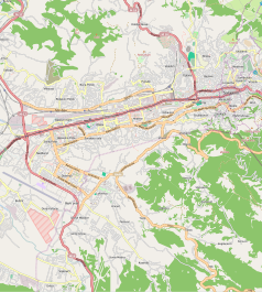 Mapa konturowa Sarajewa, u góry po prawej znajduje się punkt z opisem „Uniwersytet w Sarajewie”