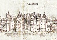 A black-and-white sketch of a palace with many cupolas.