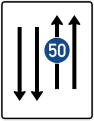 Zeichen 526-33 Fahrstreifentafel; Darstellung mit Gegenverkehr und mit integriertem Zeichen 275 StVO: zwei Fahrstreifen in Fahrtrichtung und zwei Fahrstreifen in Gegenrichtung