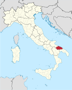 Zemljevid, ki poudarja lokacijo pokrajine Bari v Italiji