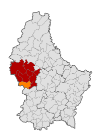 Map of Luxembourg with Beckerich highlighted in orange, and the canton in dark red
