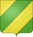 Sbarrato d'oro e di verde (Aigues-Vives, Francia). Si può considerare composto da due zone orientate nel senso della sbarra, ciascuna tagliata d'oro e di verde.