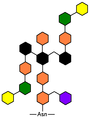 複合型糖鎖。橙はN-アセチルグルコサミン、黒はマンノース、紫はフコース、緑はガラクトース、黄色はシアル酸。