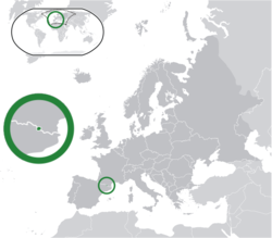  अंडोरा के लोकेशन (center of green circle) यूरोप (dark grey) में  –  [संकेत]