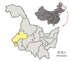 Qiqiharin sijainti Heilongjiangissa, alla sijainti Kiinassa.