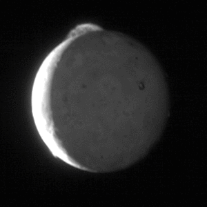 صُورة مُتحرِّكة لِثورانٍ بُركانيٍّ على قمر المُشتري آيو. يظهر فيها عمود رماد بُركانيّ ارتفاعه 330 كم أعلى سطح القمر